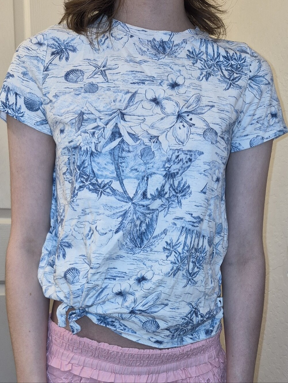 Abercrombie Kids Blue Tropical Toile Front Tie Knot T-Shirt